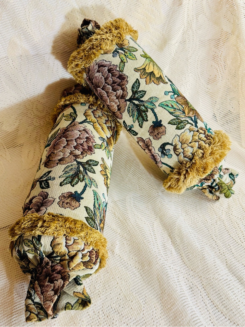 2 Lutex Vintage Victorian Revival Pink Floral Tapestry and Gold Fringe.Set of 2